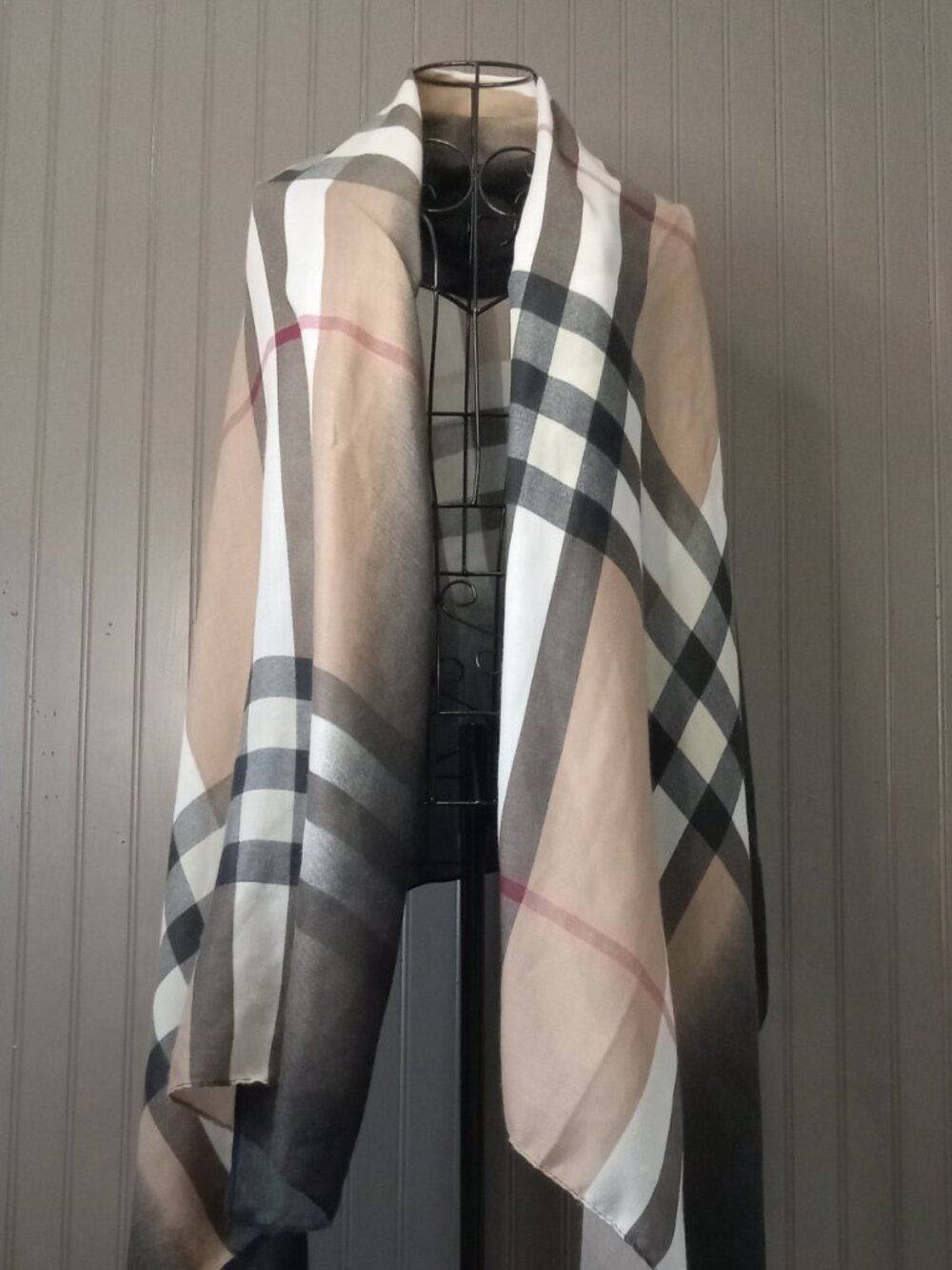 Classic Beige Plaid Check Scarf | Soft Lightweight Wrap